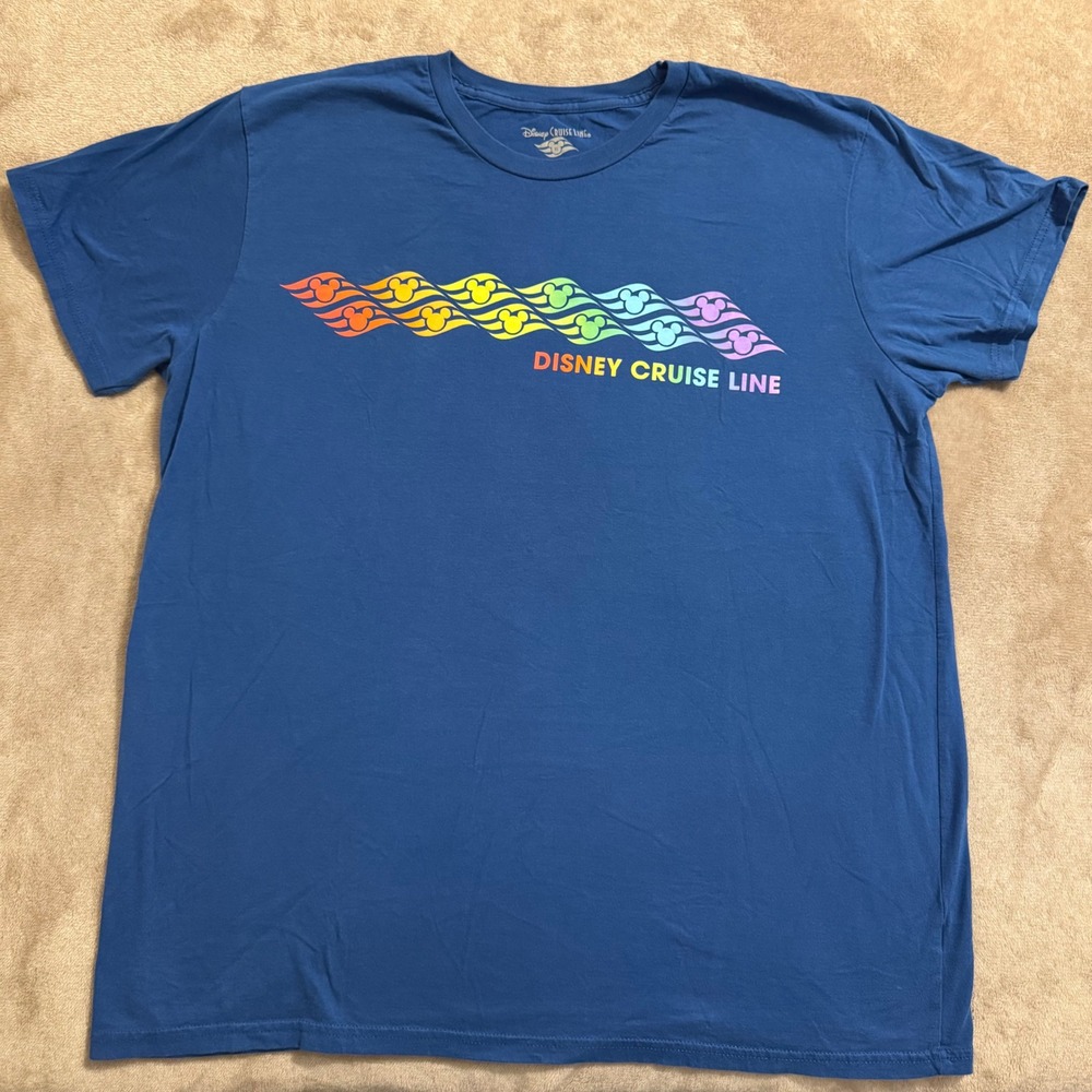 Disney Cruise Line Mens XL Blue Rainbow Mickey Mouse Wave Graphic T-Shirt Cotton